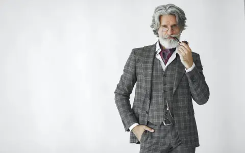 Distinguished gentleman in a plaid suit, vest, and ascot, holding a pipe. The perfect father of the groom attire.