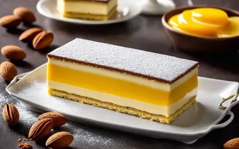 Un délicieux biscuit joconde pistache, aux couches crémeuses et fruitées, saupoudré de sucre glace.