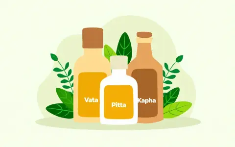 Trois bouteilles étiquetées Vata, Pitta et Kapha, entourées de feuilles vertes, symbolisant une infusion ayurvédique.