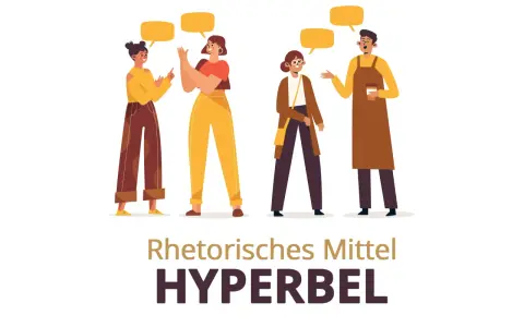 Vier Personen im Gespräch, die mit gelben Sprechblasen ihre Worte darstellen. Das Bild illustriert das rhetorische Stilmittel Hyperbel.