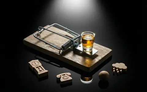 Pułapka na myszy z kieliszkiem alkoholu, symbolizująca wyzwalacze alkoholowe. Obok zegar, telefon, chmura i piłka golfowa.