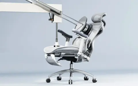 Fauteuil ergonomique médecine du travail, au design futuriste, avec repose-pieds déployé et appui-tête réglable.