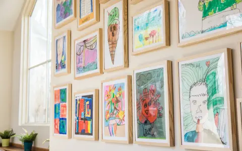 Un colorido cuadro para niños exhibe dibujos de helados, flores y retratos, cada uno enmarcado en madera clara.