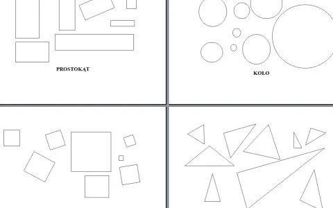 Figury geometryczne klasa 1: prostokąty, koła, kwadraty i trójkąty.