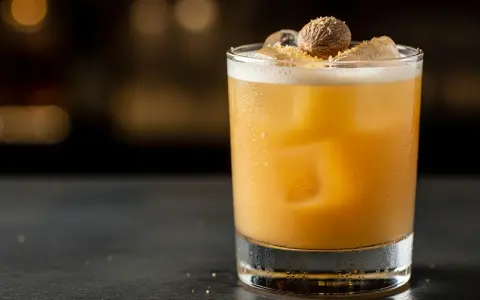 En gyllene drink med is, toppad med muskotnöt. En perfekt "painkiller drink" för att lindra törsten.