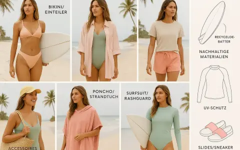 Frauen am Strand mit Surfbrett und lässiger Surfer Frisur. Bademode, Strandtuch und Accessoires.