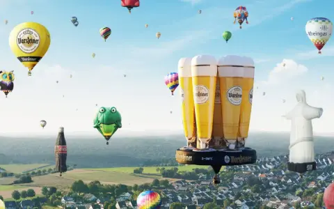 Bunte Ballons, darunter ein riesiges Bierglas von Warsteiner, steigen bei der Warsteiner Montgolfiade in den Himmel.