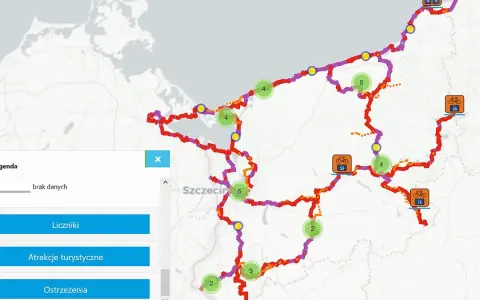 Mapa Pomorza Zachodniego z zaznaczonymi trasami rowerowymi, punktami turystycznymi i licznikami.