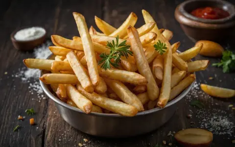Goldgelbe, knusprige Pommes in einer Schüssel, perfekt zum Pommes selbst machen. Dazu Ketchup und eine Dip-Schale.