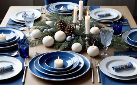 Vacker dukning med blått porslin, granris och levande ljus. En inspiration av svensk grace för en mysig middag.