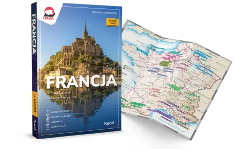 Przewodnik po Francji z mapą, przedstawiający Mont Saint-Michel i mapę kraju.