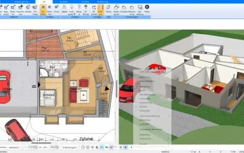 Grundriss altes Bauernhaus mit Garage, Wohnbereich, Schlafzimmer und Bad. 3D-Ansicht zeigt das Innere des Hauses.