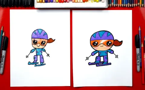 Två tecknade skidåkare i lila och blått, redo för äventyr i snön.