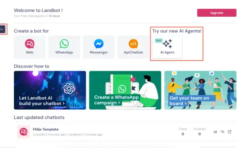 Panel de control de Landbot.io con opción para crear bots y probar nuevos Agentes de IA.