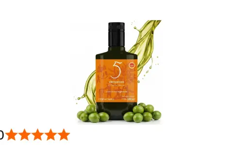 Aceite de oliva virgen extra "5 Elementos" Cornicabra, con un chorro dorado y aceitunas. ¿Cual es el aceite de oliva mas fuerte? Este podría serlo.