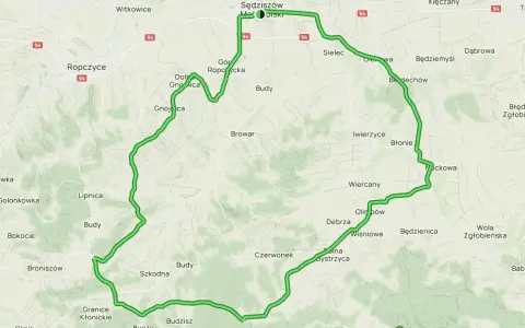 Mapa z zaznaczonymi trasami rowerowymi Podkarpacie, prowadzącymi przez Sędziszów, Ropczyce i okoliczne miejscowości.