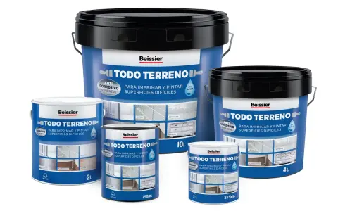 Latas de pintura Beissier Todo Terreno, ideal para imprimar y pintar superficies difíciles, incluyendo plástico/PVC.