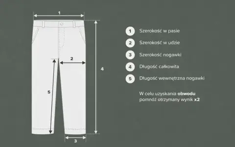 Tabela rozmiarów spodni, w tym szerokość w pasie, udzie i nogawce, długość całkowita i wewnętrzna. Idealne dla rozmiaru spodni 44.
