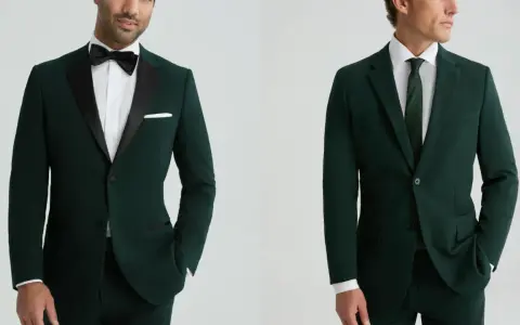 Tuxedo vs suit: A man in a dark green tuxedo with satin lapels and a bow tie, next to a man in a dark green suit with a tie.