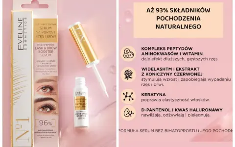 Złote serum do rzęs i brwi Eveline z aplikatorem i opakowaniem, porównanie przed i po.