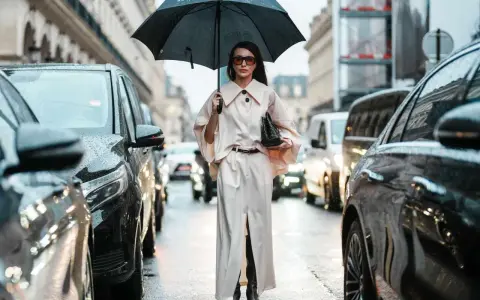 A woman in a chic cream outfit and sunglasses holds an umbrella, showcasing aesthetic rainy day outfits amidst a Parisian street scene with cars.