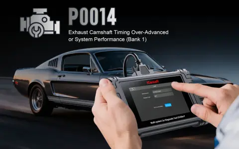 A hand uses an iCarsoft diagnostic tool to address the P0014 code, indicating exhaust camshaft timing over-advanced or system performance issues on Bank 1, with a classic car in the background.