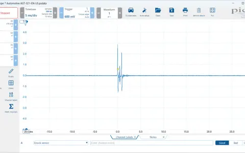 PicoScope-Diagramm zeigt die Klopfsensor Funktion mit einer deutlichen Signalspitze, die auf Klopfen hinweist.