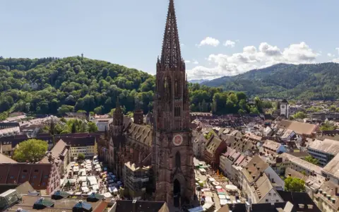 Blick auf den Freiburger Münsterplatz mit Marktständen. Hier kann man in Freiburg viel entdecken, von der beeindruckenden Architektur bis zum lebhaften Treiben.