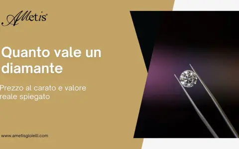 Un diamante scintillante tenuto da pinzette, con il testo "Quanto vale un diamante" e "Prezzo al carato e valore reale spiegato". Scopri a quanto corrisponde un carato.