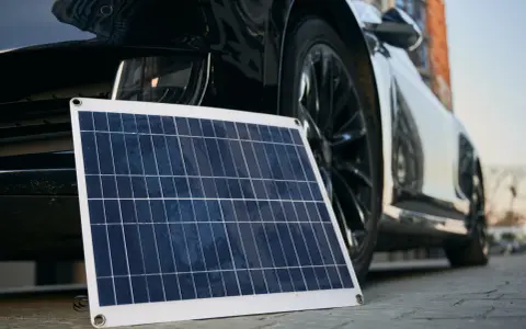 Panel solar portátil junto a un coche eléctrico, listo para cargar en casa.
