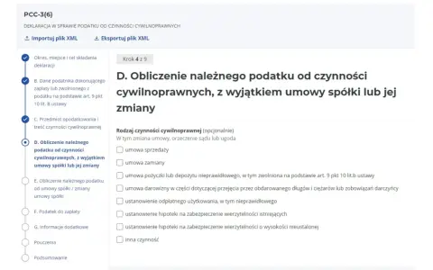 PCC-3(6): D. Obliczenie należnego podatku od czynności cywilnoprawnych, z wyjątkiem umowy spółki lub jej zmiany. Wybór rodzaju czynności.