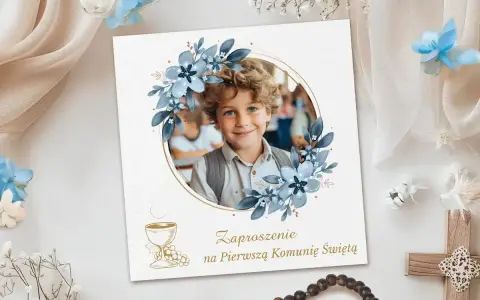 Zaproszenie na Pierwszą Komunię Świętą z uroczym chłopcem w ramce z niebieskich kwiatów. Idealna dedykacja na ten wyjątkowy dzień.