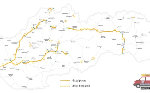 Mapa Słowacji z zaznaczonymi drogami płatnymi (pomarańczowe) i bezpłatnymi (przerywane). Winiety Słowacja to klucz do podróży po kraju.