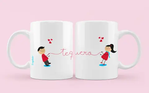 Taza amor con un niño y una niña unidos por un hilo rojo, con corazones.