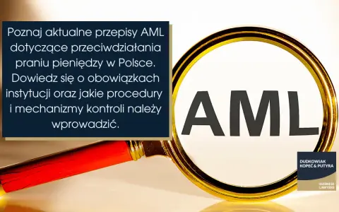 Lupa powiększa napis AML, symbolizując analizę przepisów dotyczących przeciwdziałania praniu pieniędzy.