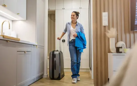 Młoda kobieta z walizką w nowoczesnym wnętrzu. Zastanawia się, czy wynajem pokoju studentowi wymaga zgłoszenia do urzędu gminy od maja 2026 r.