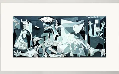 En kraftfull scen med en tjur, en häst och lidande människor, typiskt för Picasso målningar.