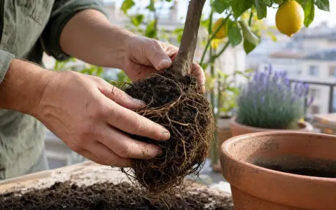 Mains tenant les racines d'un citronnier prêt à rempoter. Un pot en terre cuite et de la terre sont visibles.