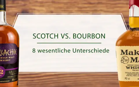 Zwei Flaschen Scotch und Bourbon Whiskey, die Unterschiede zwischen diesen Whiskey-Sorten beleuchten.