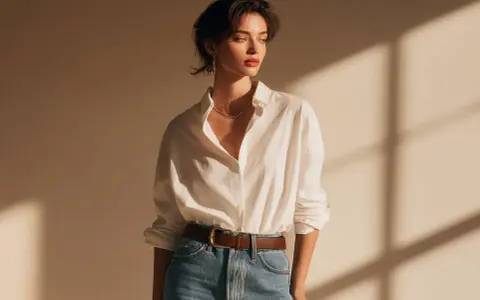 Mujer con camisa blanca arremangada y metida por dentro de sus jeans, cinturón marrón y collar dorado.