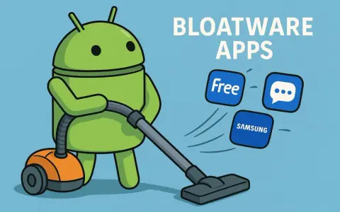 Android-Roboter saugt Bloatware-Apps wie "Free", "Samsung" und eine Chat-Blase ab.