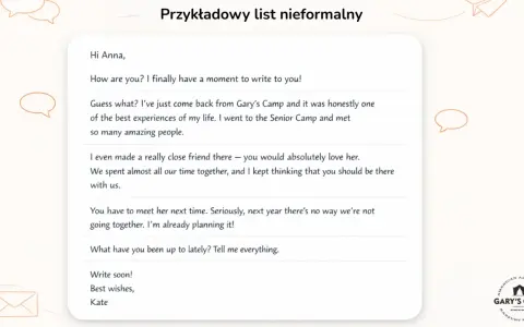 List nieformalny od Kate do Anny, opisujący wspaniałe doświadczenia z Gary's Camp i plany na przyszłość.