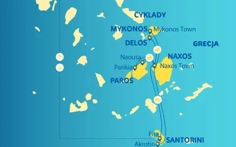 Mapa Cyklady: podróż po greckich wyspach Mykonos, Delos, Paros, Naxos i Santorini.