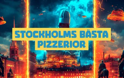 En dramatisk bild med texten "Stockholms bästa pizzerior". En kock i bakgrunden, omgiven av eldiga torn och en stad i neonljus.