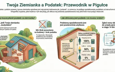 Ilustracja wyjaśnia, kiedy ziemianka w lesie jest traktowana jak budynek i podlega podatkowi. Podstawa opodatkowania to powierzchnia użytkowa.