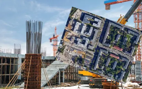 Budowa osiedla z widokiem na stare bloki, symbol patodeweloperki. Dźwigi i zbrojenia kontrastują z ułożonym na niebie zdjęciem lotniczym.