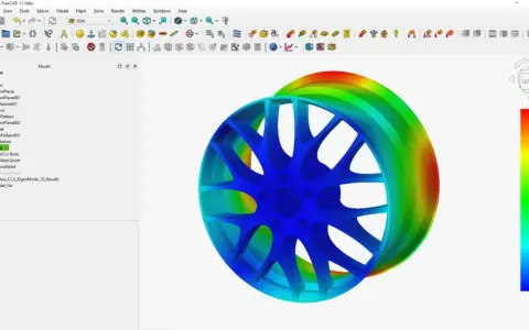Symulacja naprężeń felgi w programie do projektowania CAD. Kolory wskazują rozkład naprężeń.