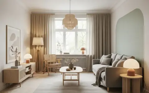 Salon lumineux avec canapé gris, fauteuil en rotin et meubles en bois clair. La **couleur lumineuse pour pièce sombre** est apportée par les lampes et la lumière naturelle.