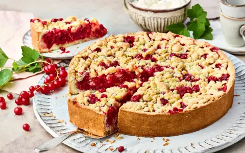 Ein saftiger Johannisbeer Streuselkuchen mit knusprigen Streuseln und frischen roten Johannisbeeren.