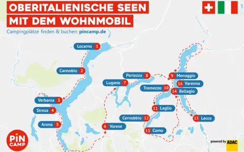 Karte zeigt die oberitalienischen Seen mit Wohnmobilrouten. Orte wie Locarno, Lugano und Como sind markiert.